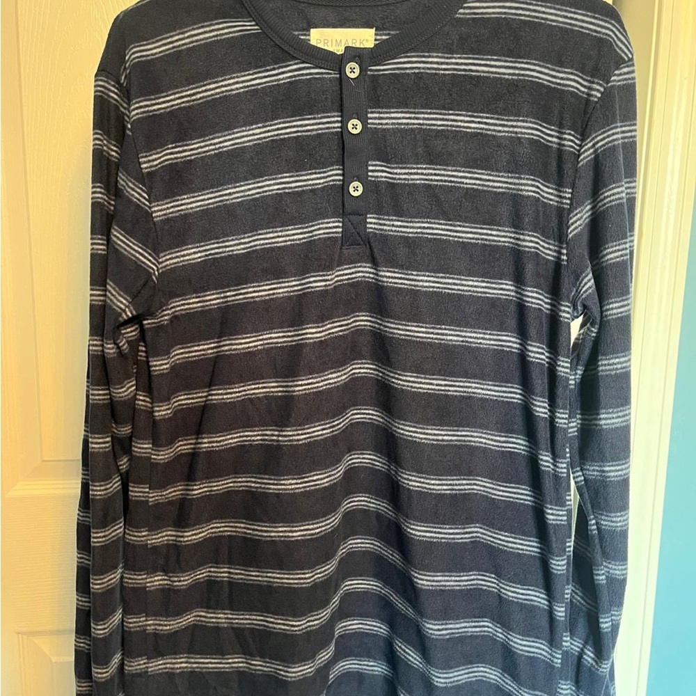Primark Men's Dark Blue Striped Long Sleeve Henley